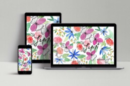 Wallpaper Juni 2020; Mock-Up mit allen verfügbaren Größen, Muster im Loose Watercolor Stil kombiniert mit Botanical Line Drawing
